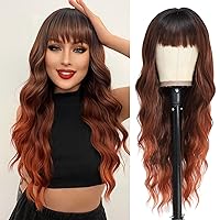 Long Auburn Wigs with Bangs for Women Curly Wavy Hair Wigs Heat Resistant Synthetic Fiber Wigs for Daily Party Use 26 Inches (Ombre Auburn)