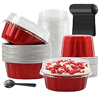 Round Baking Cups With Lids, BAKINGPAK 30PCS 8OZ Mini Aluminum Pans with Lids Mini Cake Pans with Lids Mini Cake Tins Cupcake Liners with Lids Baking Tins With Lids For Mothers Day Gifts Brithday, Red