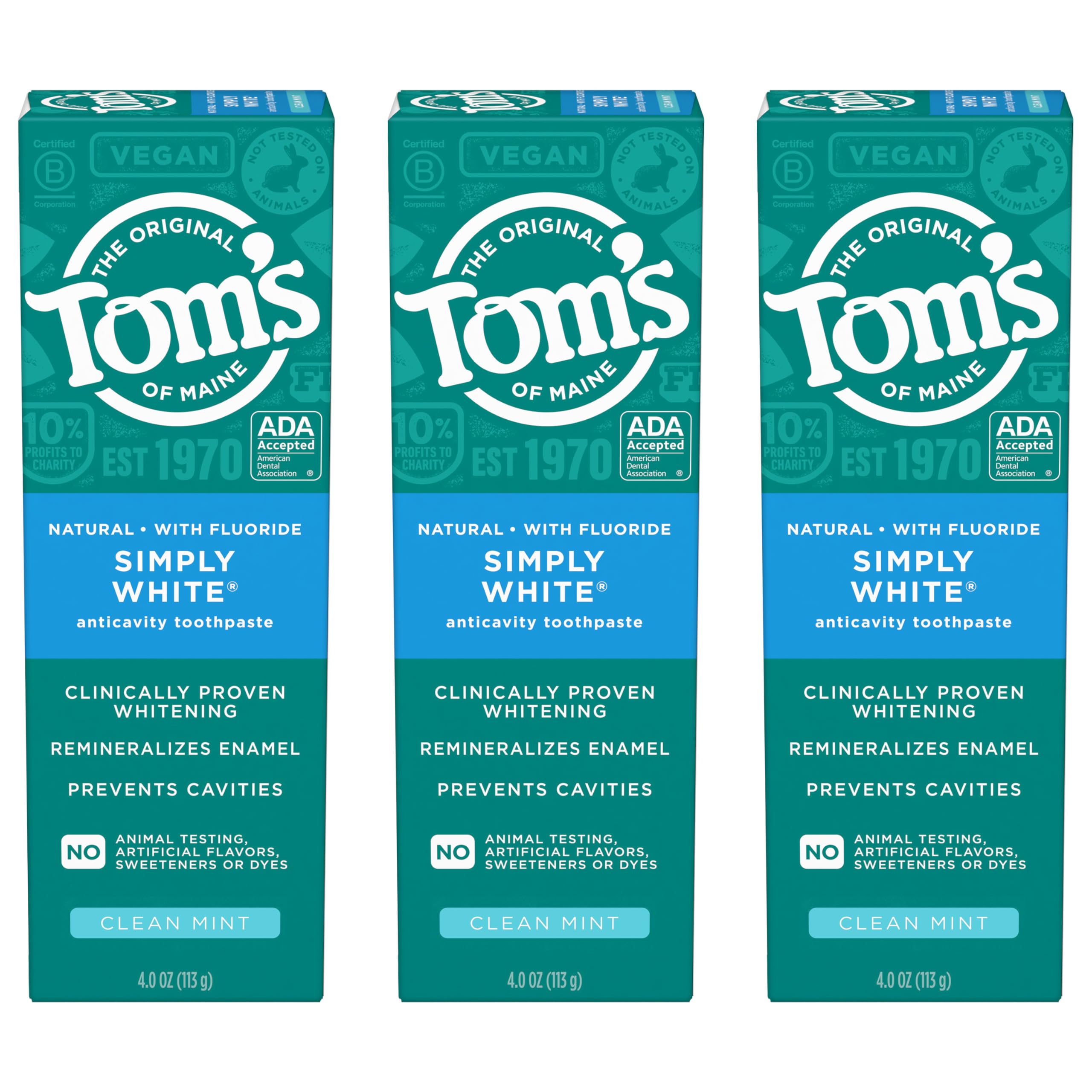 Tom’s of Maine Simply White Anticavity Toothpaste with Fluoride, Clean Mint, 3 Pack, 4.0 Oz