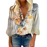 Womens 3/4 Sleeve Tops and Blouses Retro Flower Printed Blouses for Women Business Slouchy Button Up Shirt Women