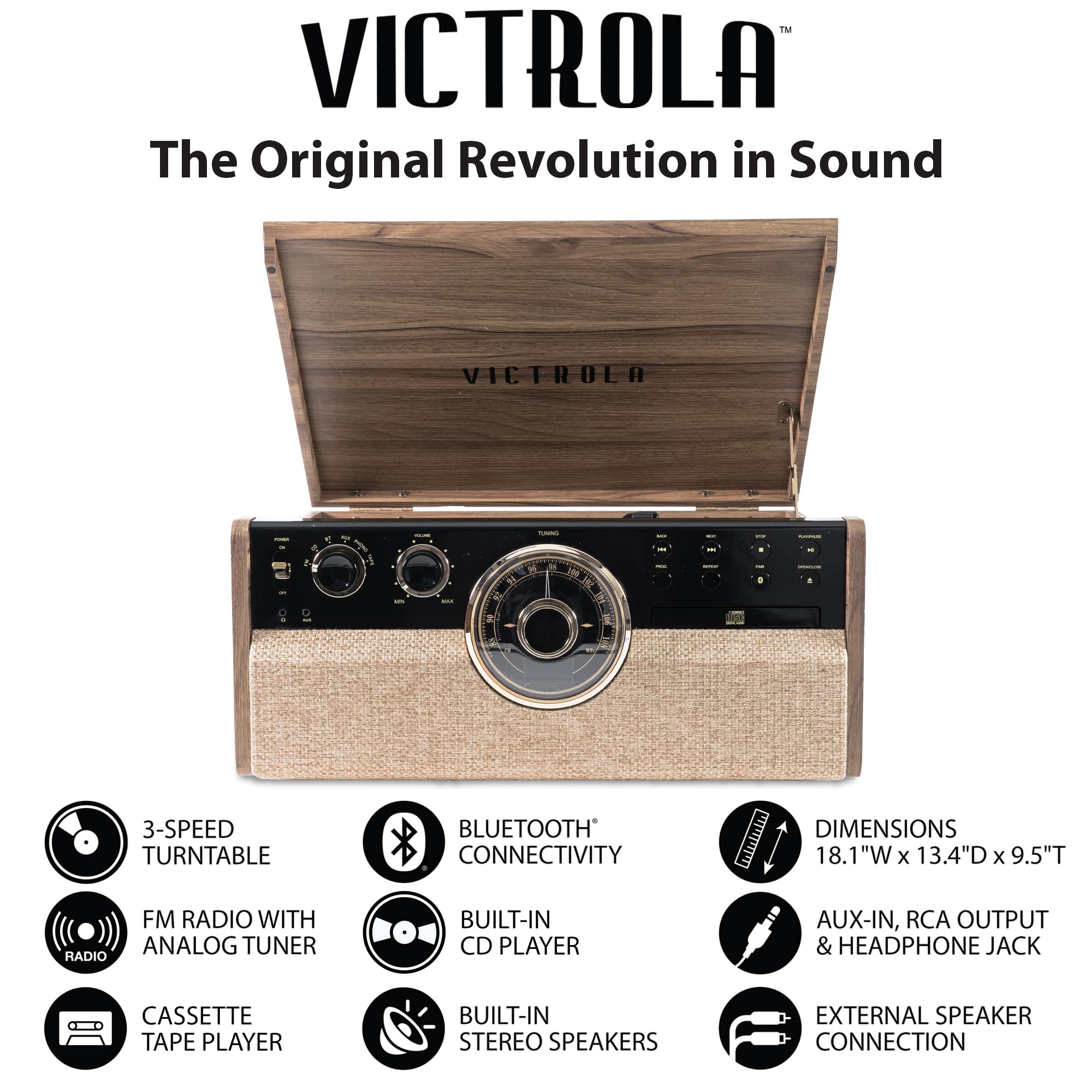 Victrola VTA-270B-FNT Empire Bluetooth 6 In 1 Music Center (33/45/78) (Farmhouse Walnut)