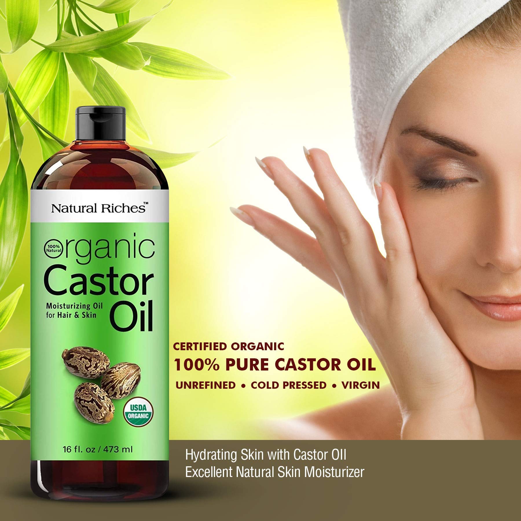 Natural Riches Organic Castor Oil Cold pressed USDA certified for Dry Skin Hair Loss Dandruff Thicker Hair - Moisturizes heals Scalp Skin Hair growth Thicker Eyelashes & Eyebrows 16 fl. oz.