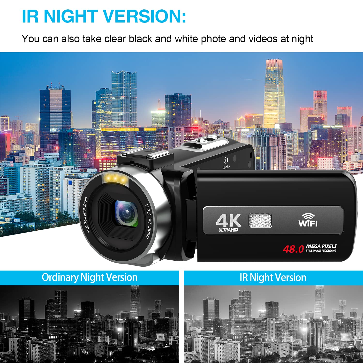 Hojocojo 4K Video Camera, Camcorder with IR Night Vision, WiFi Digital Camera, 18X Digital Zoom, Vlogging Camera for YouTube, Kids Video Camera, Built in Microphone, Remote, 3