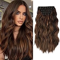 WECAN Clip In Long Wavy Synthetic Hair Extension 20 Inch 6pcs Auburn & Chestnut Thick Hairpieces Fiber Double Weft Hair For Women