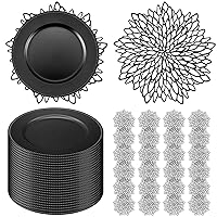 48 Pcs Round Charger Plates Placemats Set Bulk Halloween Plates 24 Pcs 13'' Plastic Charger Plates and 24 Pcs 15'' Metallic Vinyl Placemat for Dining Table Wedding Birthday Party(Black)