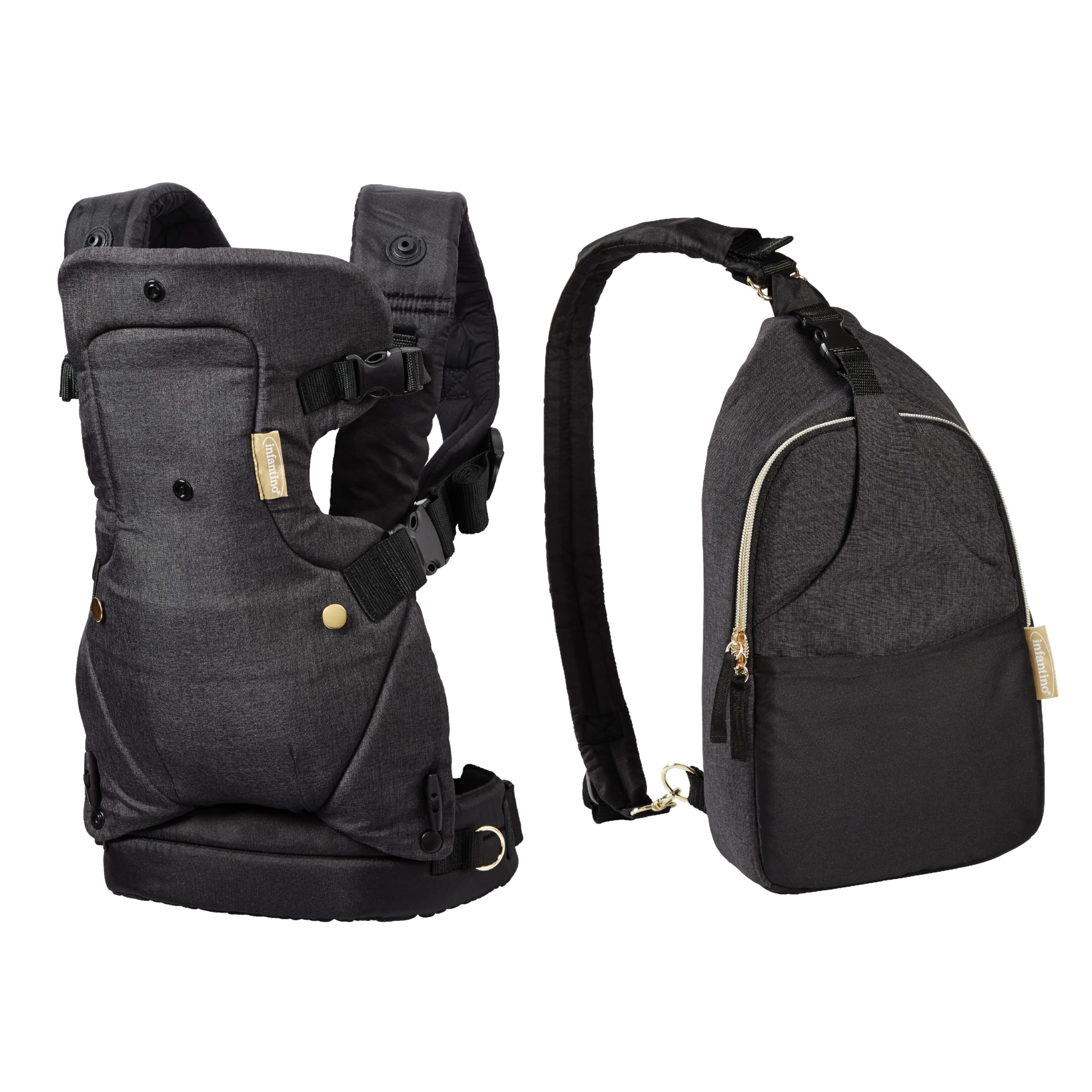 The Infantino Flip 4-in-1 Convertible Baby Carrier & Crossbody Diaper Bag - Grow-with-Me Carrier with Attachable Crossbody Diaper Bag, Black and Gold, 2-Piece Set