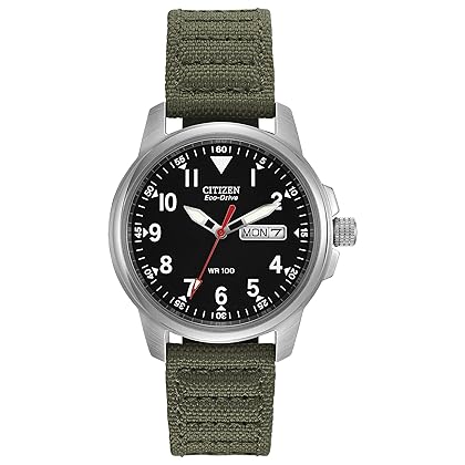 Citizen Men's Sport Casual Garrison 3-Hand Day/Date Eco-Drive Nylon Strap Watch, Arabic Markers, 100 Meters Water Resistant, Luminous Hands and Markers