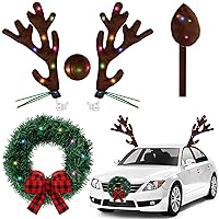 Christmas Car Decoration Christmas Reindeer Antlers Car Kit with LED Lights Reindeer Nose Tail Christmas Wreath for Christmas Car Decor Automotive Exterior Accessories for Car SUV