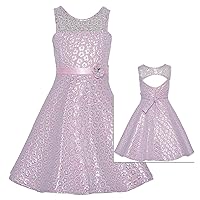 Bonnie Jean Big Girls Illusion Floral Brocade Fit Flare Dress - Special Occasion Social Party Wedding Flower Girl Easter Holiday, Illusion Floral Brocade/Pink Silver, 12
