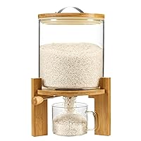 Rice Dispenser, Rice Storage Container：Flour and Cereal Container with Airtight Lid and Wooden Stand, Glass Food Storge Container for Kitchen Organization and Pantry Store (5L)