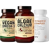 Algae Calcium & Vegan Omega 3 & Vitamin B Complex Bundle - Calcium Supplement from Red Algae, Plant Based DHA & EPA Fatty Acids, Essential B Vitamins