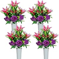 XONOR Artificial Cemetery Flowers for Grave, Set of 4 Artificial Flowers Bouquet Memorial Flowers with Vase for Outdoor Cemetery Headstones Graveyard Gravestone Decoration (Pink&Purple-4Pcs)