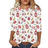 Women Easter T-Shirt 3/4 Sleeve Blouse Cute Bunny Eggs Print Graphic Tees Crew Neck Funny Casual Shirt