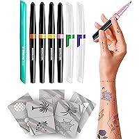 BIC BodyMark Expansion Pack Temporary Tattoo Marker for Skin, Premium Brush Tip, 6 Count Pack of Assorted Colors and Stencils, One Eraser Touch Up Pen, Skin-Safe Temporary Tattoo Markers Set