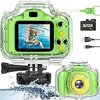 Kids Waterproof Camera - Birthday Gifts for 3 4 5 6 7 8 9 10 Year Old Boys 2 Inch IPS Screen Underwater Action Camera with 32 GB SD Card, Pool Toys for Kids Age 8-12 Green