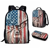 Deer Backpack with Lunch Box for School Boys Girls American Flag School Bag with Lunch Bag Pencil Case Set for Kindergarten Elementary Middle Bookbags for Teens Kids Schoolbag Purse