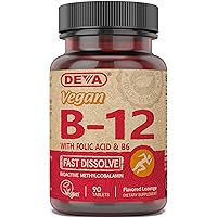 DEVA Vegan Vitamin B12 Fast Dissolve Supplement - Once-Per-Day Complex with 1000 Mcg Methylcobalamin B12, Folic Acid, B6 - Lemon Flavor - 90 Dissolvable Tablets,