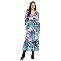 London Times Women's Patchwork Garden Crinkle Crepon Smocked Waist Tiered Dress