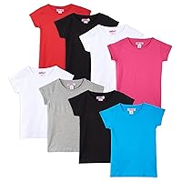 Kids Girls Cotton Crew Neck Shirt, Casual Solid Plain Short Sleeve Tees - 8 Pack, Assorted Colors