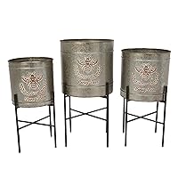 Galvanized Metal Round Planters with Stands, Set of 3