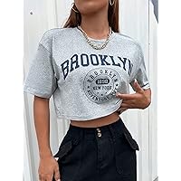 Women's Tops Sexy Tops for Women Women's Shirts Letter Graphic Drop Shoulder Crop Tee Shirts for Women (Color : Gray, Size : Large)