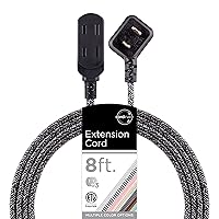 Cordinate Designer 3-Outlet Extension Cord, 2 Prong Power Strip, Extra Long 8 Ft Power Cord with Flat Plug, Fabric Braided Cord, Slide-to-Close Safety Outlets, Gray/Black, 42841