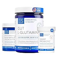 Essential Stacks L-Glutamine + Probiotics/Prebiotics Bundle - Gut L-Glutamine Powder (10.6 oz) + Smart Probiotic (30 ct) + Friendly Prebiotics Powder (7.4 oz)