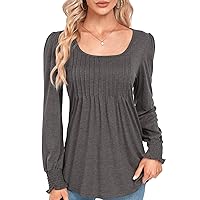 Women’s Puff Long Sleeve Tshirt 2023 Fall Square Neck Top Pleated Flowy Tunic Blouse S-2XL