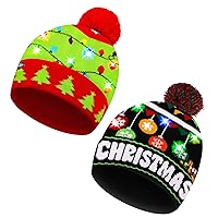 2 Pack Christmas LED Light-up Knitted Beanie Hat Colorful Flashing Holiday Xmas Christmas Party Supplies(One Size Fits More)