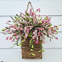 Cream Hydrangea Door Hanger Basket Wreath,|2024 Newest Wildflowers Door Hanging Basket Wreath|Front Door Beautiful Artificial Spring and Summer Wreath Welcome Sign| (Pink)