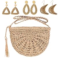 Straw Clutch Purse Straw Woven Crossbody Bag for Women Summer Beach Rattan Purse with Rattan Earrings for Women Boho Rattan Straw Handbags(khaki)