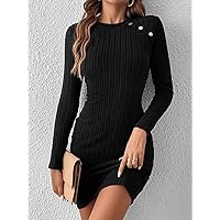 Fall Dresses for Women 2023 Button Detail Ribbed Knit Bodycon Dress Dresses for Women (Color : Black, Size : Medium)