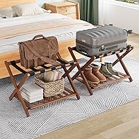 Fully Assembled Walnut Luggage Racks Pack of 2, Upgraded Bamboo Foldable Suitcase Stand with 5 Nylon Straps, Luggage Holder with Shelf for Guest Room Bedroom Hotel