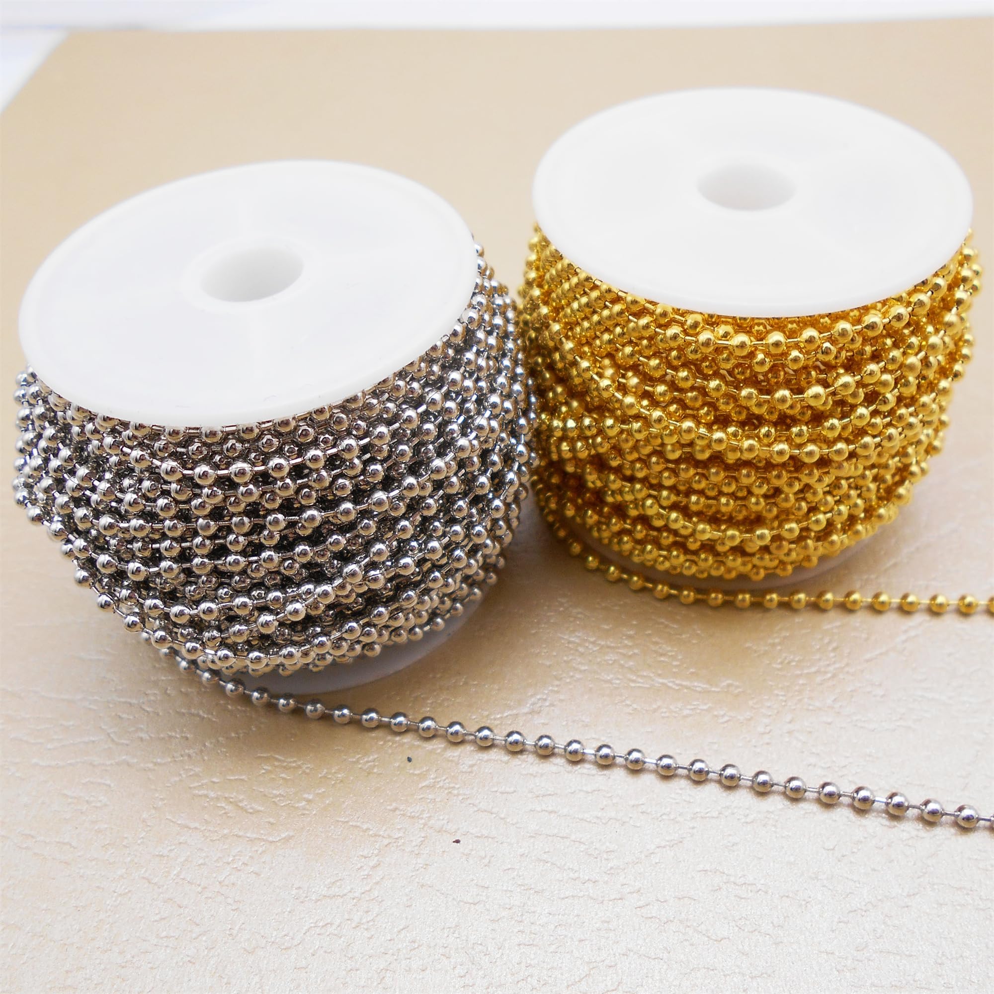 2 Rolls Durable Metal Ball Chains 2.4mm Dog Tag Bead Chain Gold and Silver Necklace Keychains Jewellery Crafts 30 Feets per Spool