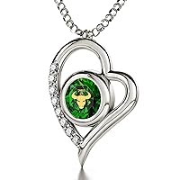 Taurus Heart Necklace Simulated May Birthstone Zodiac Pendant for Birthdays 20th April to 20th May Pure Gold Inscribed on Green Emerald-Colored Cubic Zirconia, 18