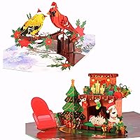 2-Pack Pop Up Christmas Card, Handmade 3D Christmas Popup Greeting Cards for Christmas, Winter, Holidays Xmas Gift, 6 x 8 for Him, Her, Adults, Kids (2 Cards Included Fireplace+ Cardinal)