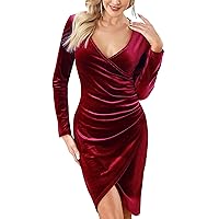 Aphratti Women's Spring Velvet Wrap V Neck Long Sleeve Split Ruched Bodycon Cocktail Party Dress for Wedding Guest 2024