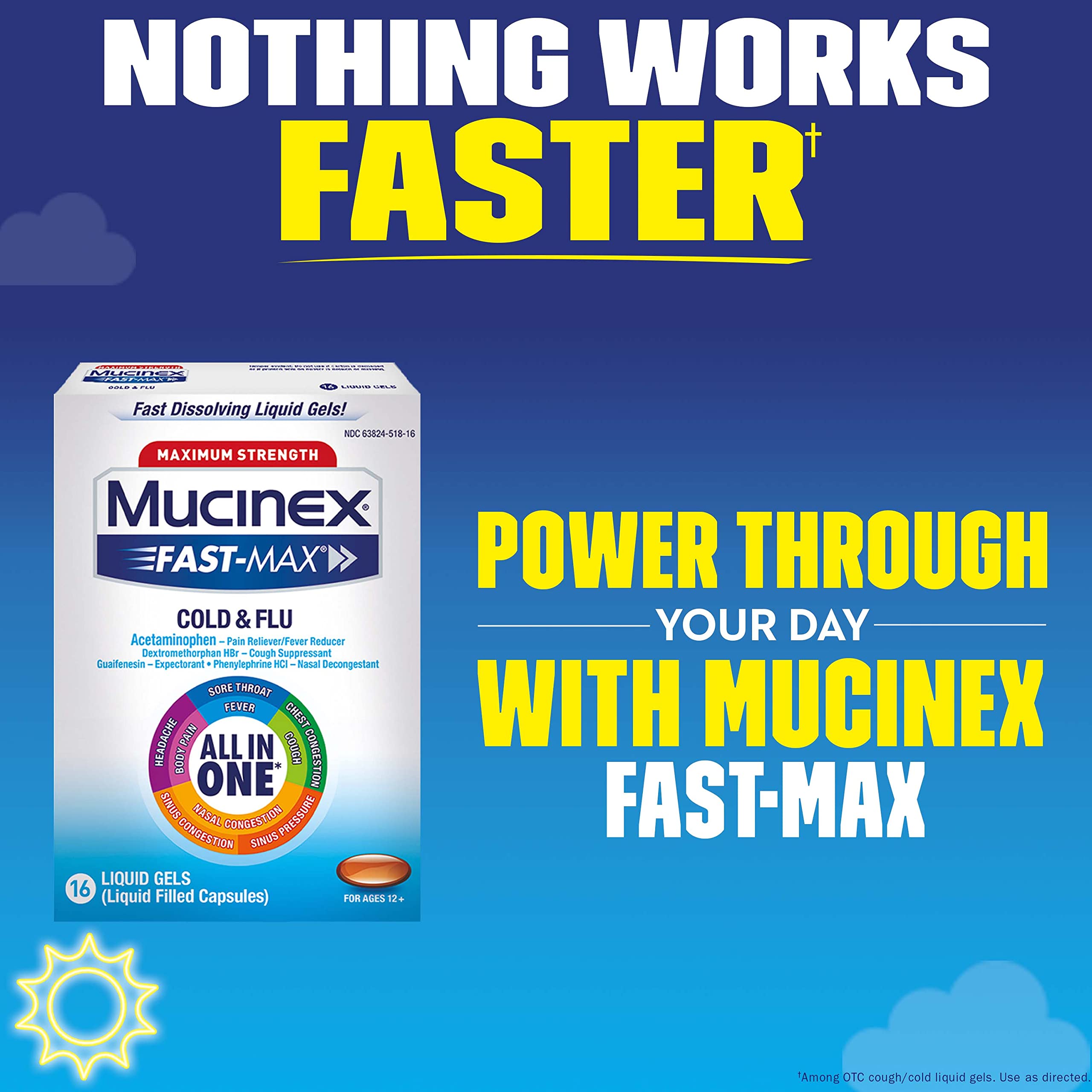 Mucinex Maximum Strength Fast-Max Cold & Flu All-in-One Liquid Gels, 16ct (Packaging May Vary) (Pack of 2)