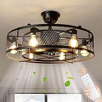 Depuley 26” Farmhouse Ceiling Fan with 6 Lights, Industrial Indoor/Outdoor Ceiling Fan Lighting, Matte Black Flush Mount Ceiling Fan Lights, Cage Ceiling Fan with Remote 6 Speed Timing (Bulb Not Incl)