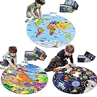 70 Piece Puzzles for Kids Ages 3-8, 3 Floor Puzzles Large Round Solar System & World Map & Dinosaurs Jigsaw Puzzle Educational Toys Birthday Gifts for Toddlers Boys Girls Children Ages 8-10