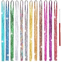 Hair Tinsel Kit 12 Colors, 2500 Strands 48 Inches Sparkling Tinsel Hair Extensions with Tool, Fairy Hair Tinsel for Birthday Halloween Christmas New Year Party
