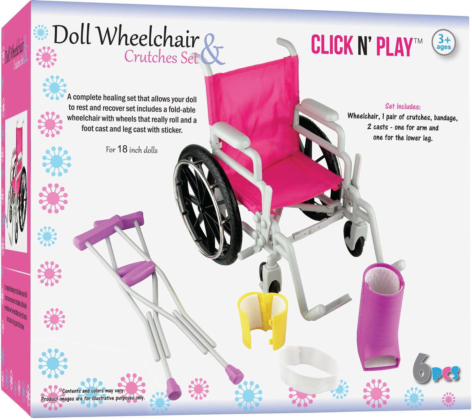 Click N' Play Doll Medical Play Set,5 Piece Set,Wheelchair,Crutches,Bandage,Leg/Arm Cast, Perfect For 18 Inch Dolls,Pink & Purple