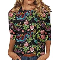 Trendy Tops for Women,3/4 Sleeve T Shirts for Women Crew Neck Casual Print Graphic Shirt Plus Size Tops for Women
