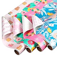 American Greetings 160 sq. ft. Reversible Wrapping Paper Bundle for Birthdays and All Occasions, Floral and Happy Birthday Text (4 Rolls, 30 in. x 16 ft.)