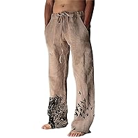 Akivide Cotton Linen Pants for Mens Wide Leg High Waist Sweatpants Drawstring Regular Fit Print Trouser Sleepwear
