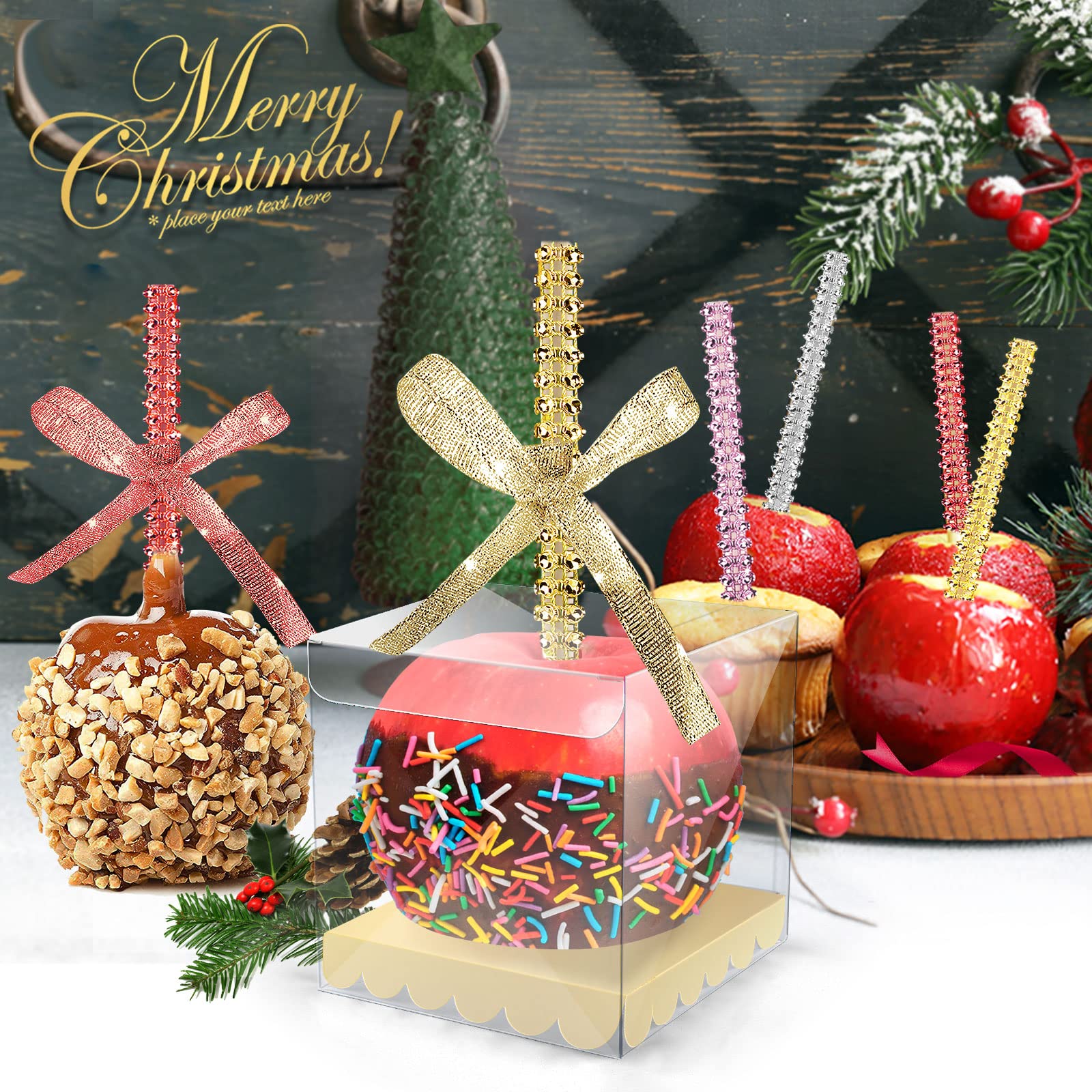 Candy Apple Boxes with Bling Stick Hole Set & 50 PCS Candy Apple Box Base,20 Pack Caramel Apple Wrapping Kit with Clear Containers & Rhinestone Bamboo Skewers &Glitter Ribbons for Wedding Party
