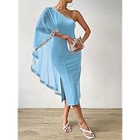 Women's Dress One Shoulder Contrast Sequin Split Thigh Dress Women's dressEVEBABY (Color : Mint Blue, Size : X-Large)