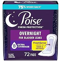 Poise Incontinence Pads & Postpartum Incontinence Pads, 8 Drop Overnight Absorbency, Extra-Coverage Length, 72 Pads (2 Packs of 36), Packaging May Vary