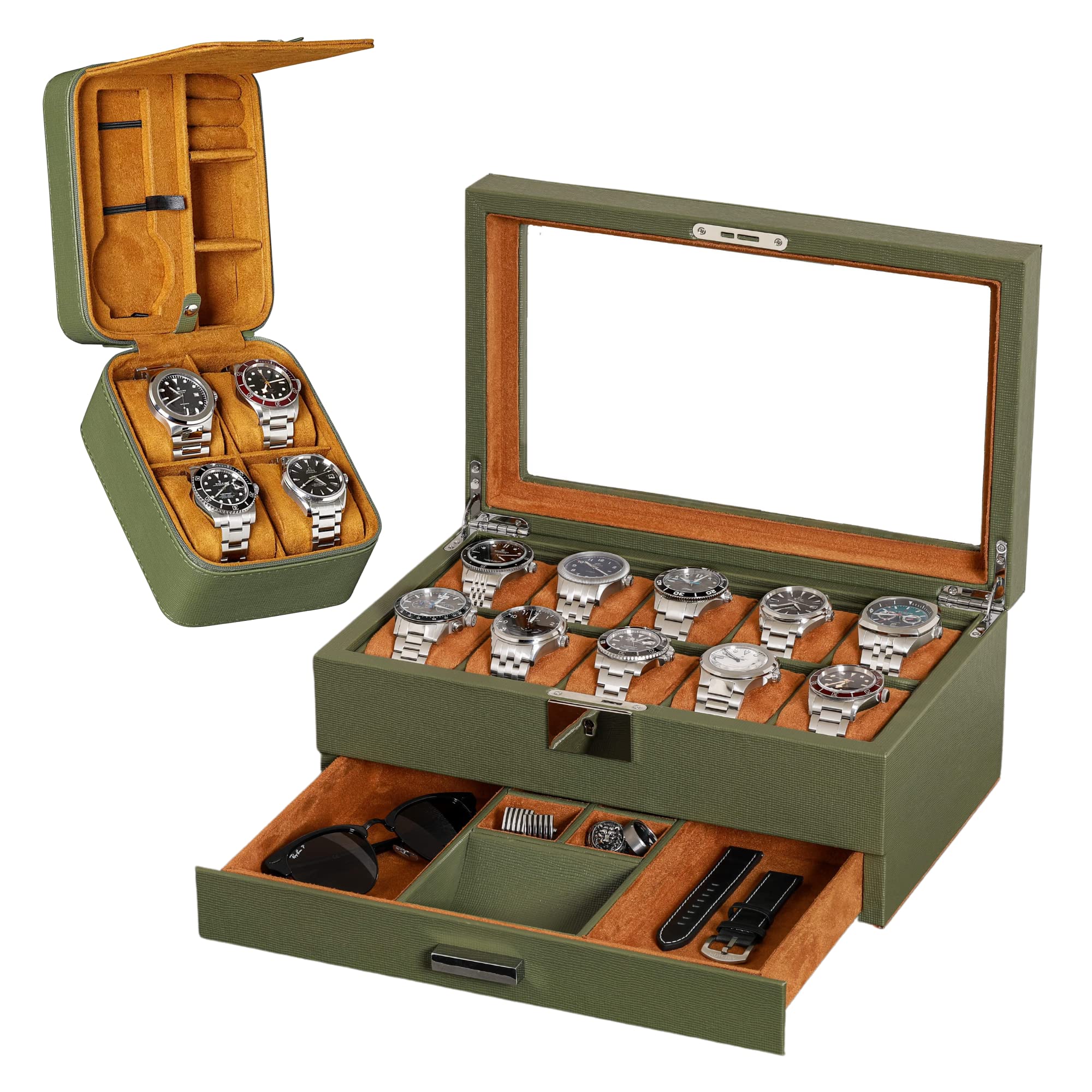Gift Set 10 Slot Leather Watch Box with Valet Drawer & Matching 5 Watch Travel Case - Luxury Watch Case Display Organizer, Locking Mens Jewelry Watches Holder, Men's Storage Boxes Glass Top Green/Tan