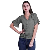 Ruffle Sleeve Embroidered V-Neck Casual Work Schiffli Button Up Shirt